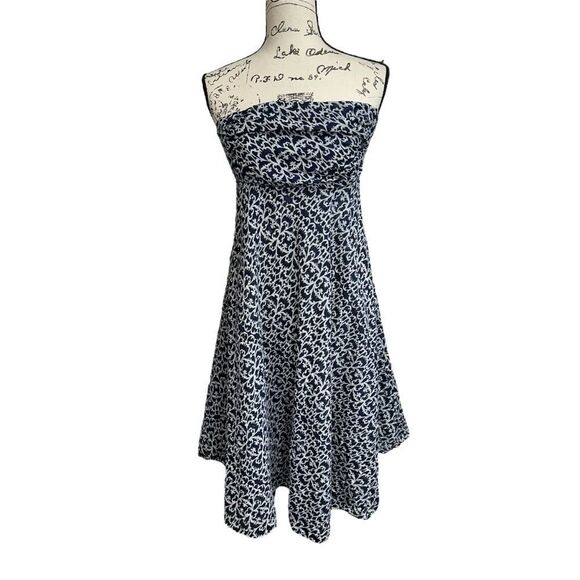 VTG J. Crew Blue Printed Babydoll Strapless Dress, 10 - Picture 1 of 9